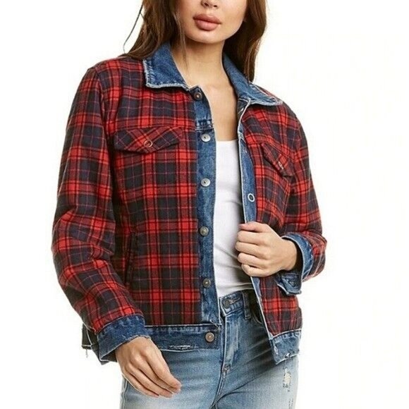 Blank NYC Reversible Jacket Plaid Denim Red Blue American Pie - Picture 3 of 16